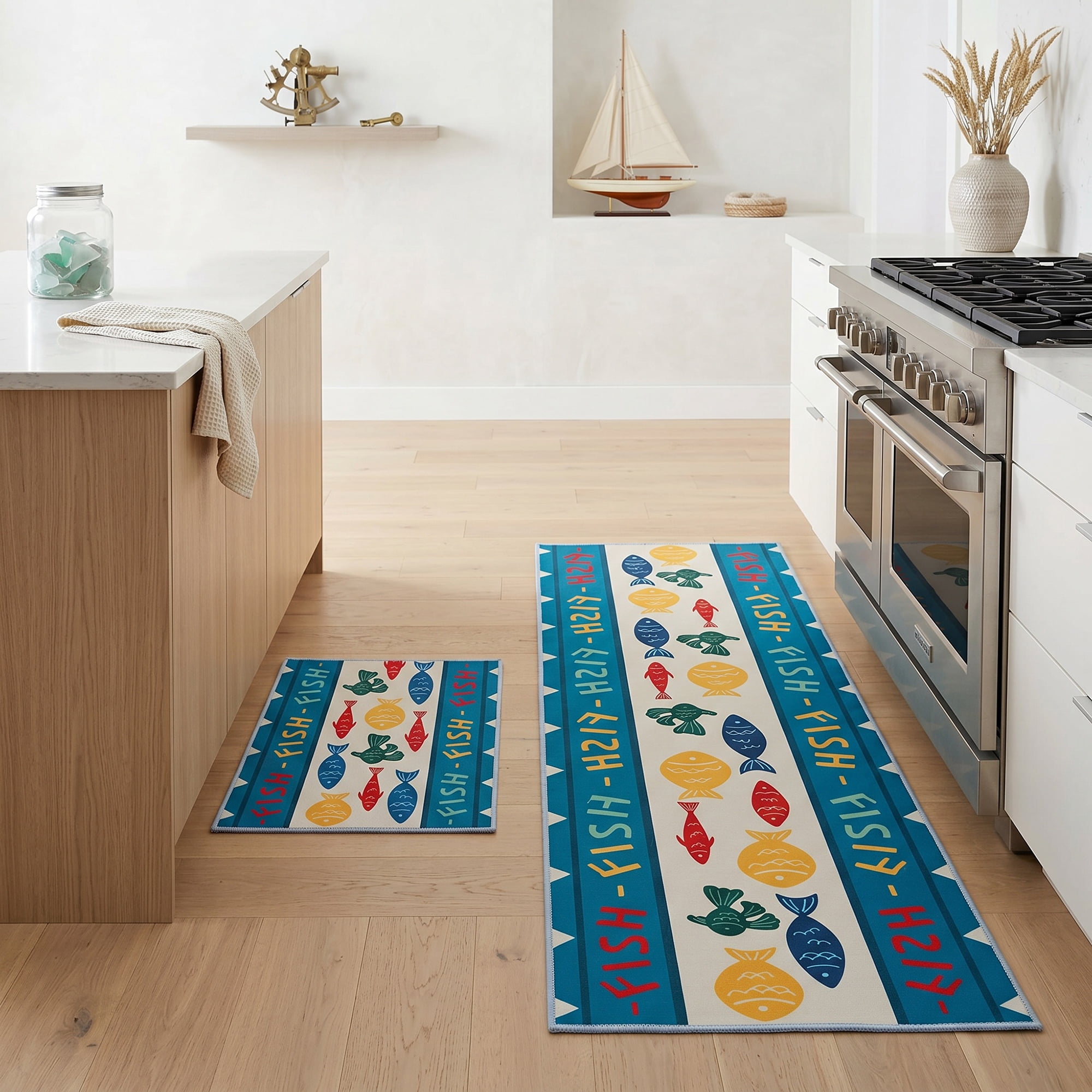 Unique Bargains Non Slip Fish Floral Printed Kitchen Rugs and Mats Blue 24"x16"+47"x16"