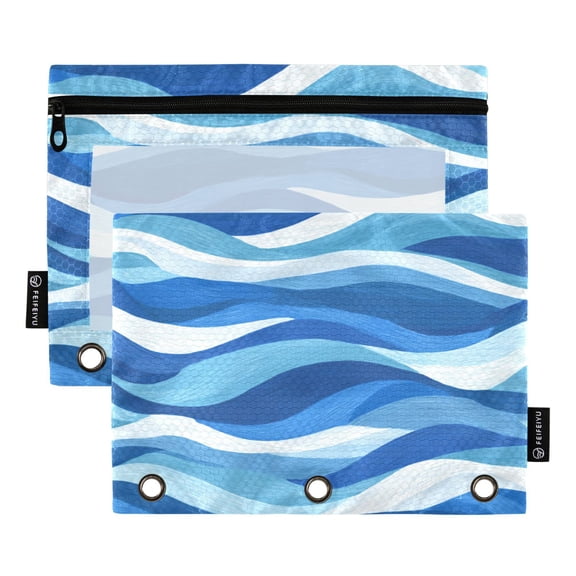 2 Pack 3 Ring Binder Pouch with Clear PVC Window Water Resistant Zipper Pencil Pouch Blue and White Wavy Lines Binder Pocket for Classroom Office Home Stationery Organization