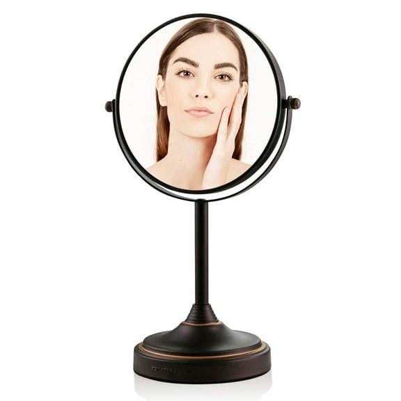 Ovente 7'' Tabletop Makeup Mirror with Stand, 1X & 7X Magnifier, Spinning Double Sided Round Vanity Mirror, Ideal for Dresser, Bedroom, Office & Bath, Antique Bronze MNLCT70ABZ1X7X