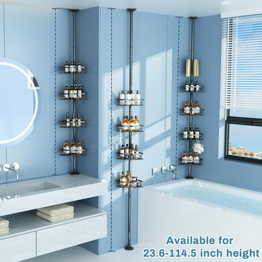 Rustproof Corner Shower Caddy Tension Pole, 4 Large Baskets for Bathtub Shampoo Storage Organizer Bathroom Height Adjustable Shelves from 23.6 to 114.5 Inch with Towel Bar