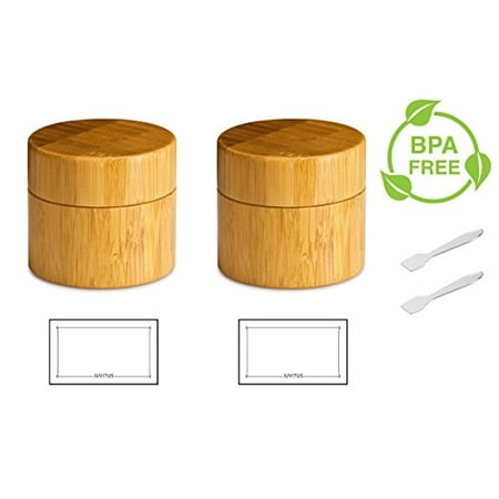 Word Jar - 1 oz / 30 ml Natural Bamboo Wood White Double Wall PP Lined Jar Container (2 PACK) + Spatulas and Labels