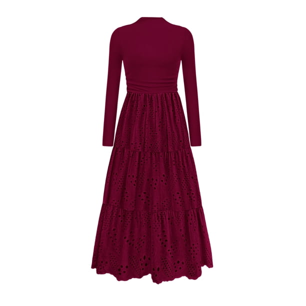 Vestido PRETTYGARDEN Maxi Mangas Largas Vino Tinto Talla Mediana