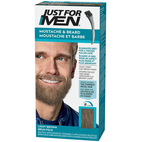 Pack of 2 Just For Men Mustache & Beard, Beard Dye for Men with Brush Included for Easy Application, Light Brown, M-25 (1 Count), Packaging May Vary