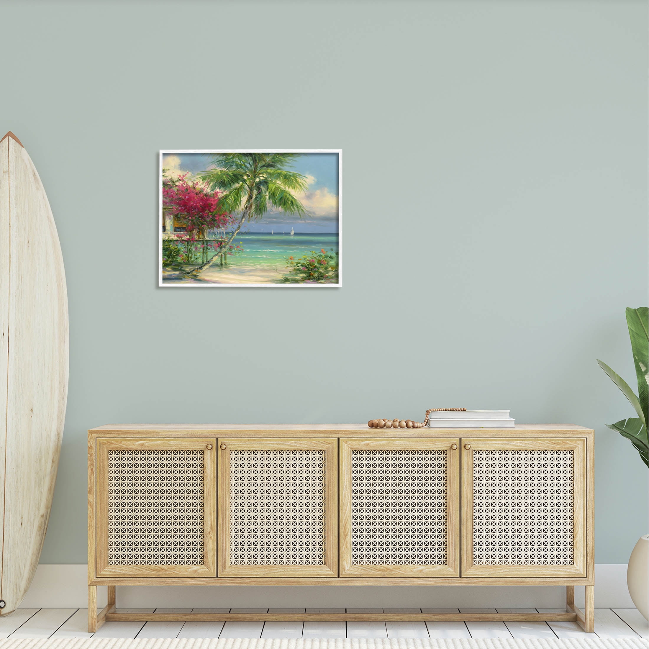Floral Tropical Summer Vacation Resort Landscape Painting White Framed Art Print Wall Art
