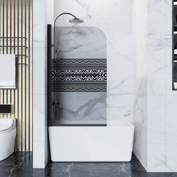 32" W x 55" H Bathtub Shower Door, 1/4" Tempered Glass, Bohemian Pattern, Black
