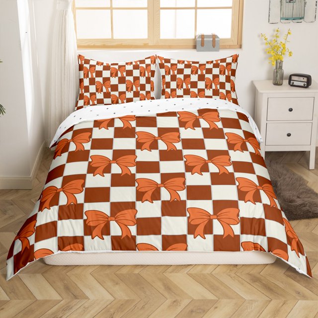 Erosebridal Housse de Couette Nœud Mignon Nœud Simple, Ensembles de Literie Carreaux Buffalo Bruns Taille Simple, Réversible 2 Pcs (Sans Couette)