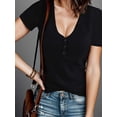 thumbnail image 3 of Weardear Women's Short Sleeve Tops V Neck T-shirts Ribbed Knit Button T Shirts Henley Solid Color Summer Tops, 3 of 4