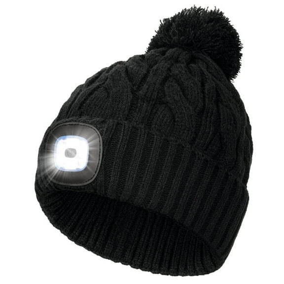 CENSGO Unisex LED Beanie with Pom-Pom, USB Rechargeable Twist Knitted Hat with Light, Stocking Cap Stuffers Gifts for Men Women (Black)