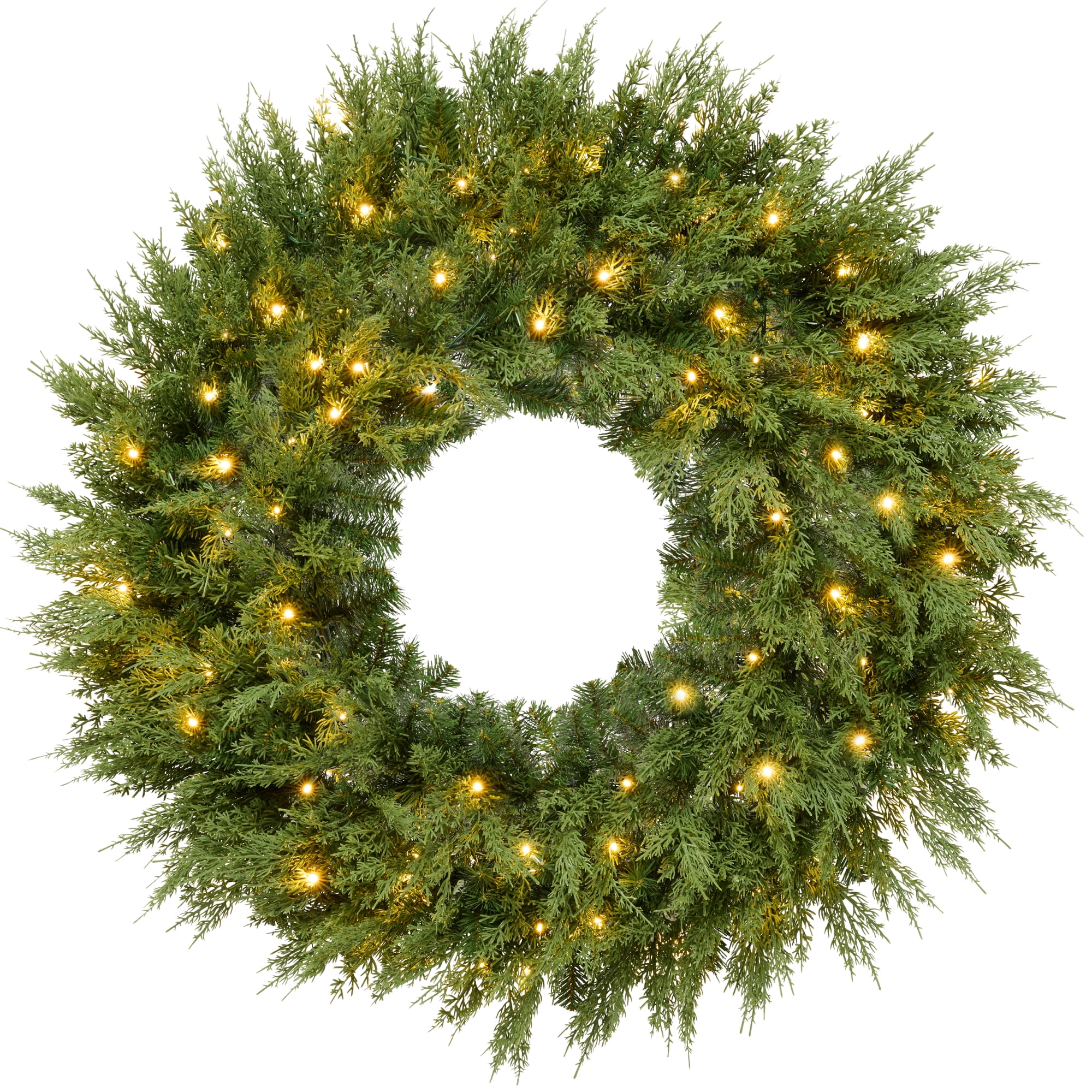 Pre-Lit Cedar Cypress Christmas Wreath w/ Twinkling LEDs, Realistic Large Indoor/Outdoor Holiday Decor, Plug-In- 30in