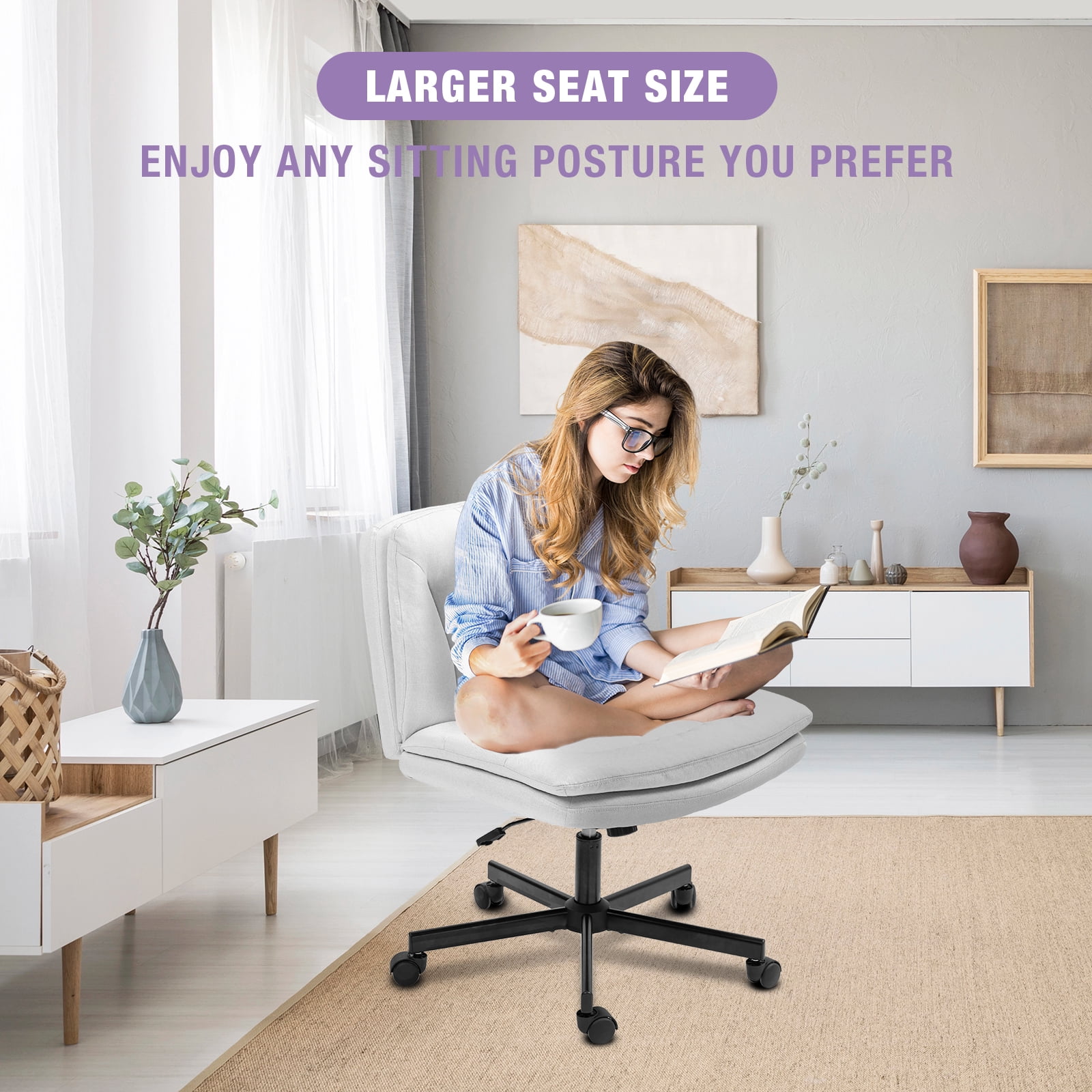 Criss Cross Legged Chair Ergonomic Home Office Desk Chair with Casters, Armless Wide Comfy Computer Task Seat Swivel Rolling Vanity Chair with Height Adjustable and Rocking Function, Beige
