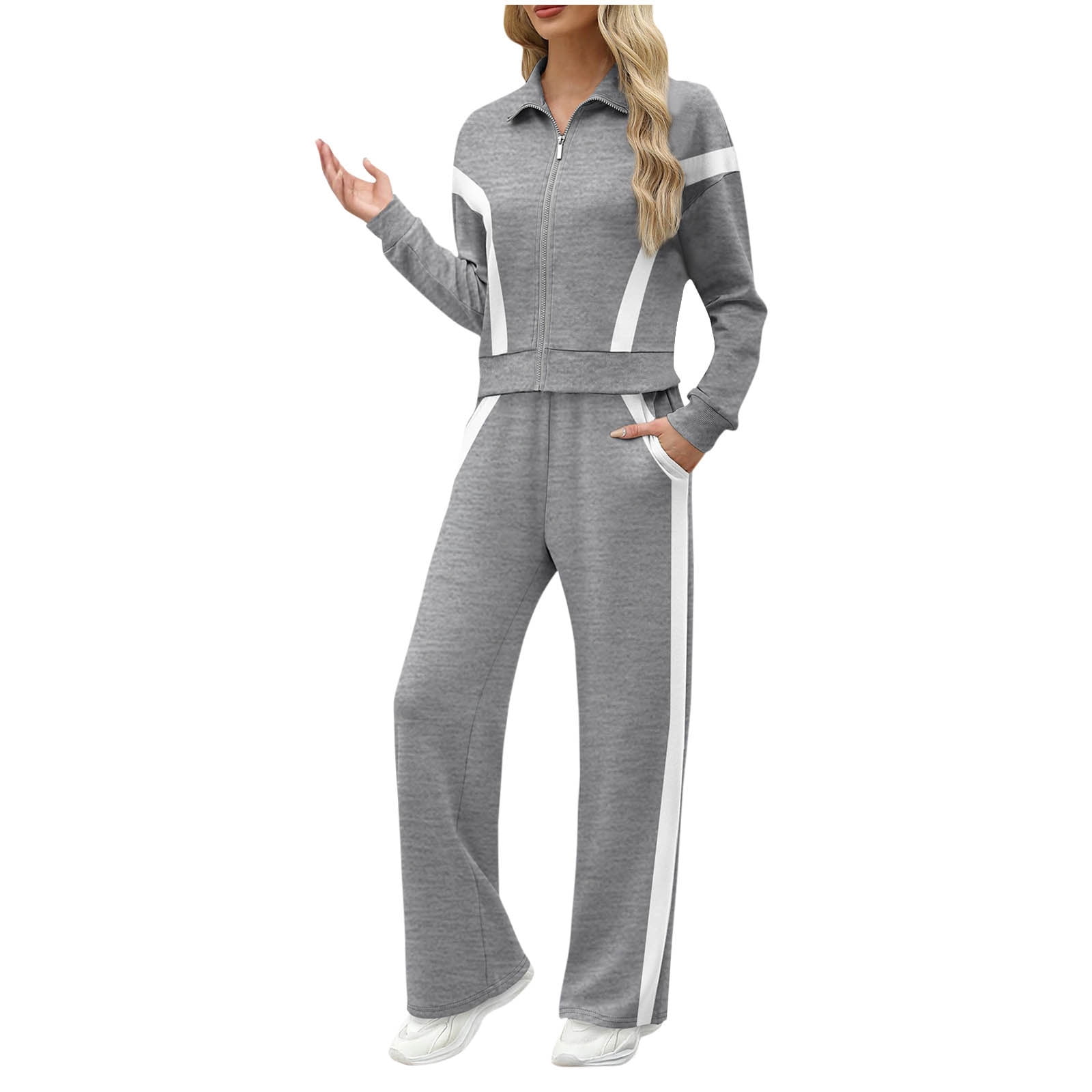 YUGYXL Womens Color Block Tracksuit 2 Pieces Outfits Long Sleeve Zipper Jacket and Pants Sportswear Sweatsuits with Pocket Gray XL