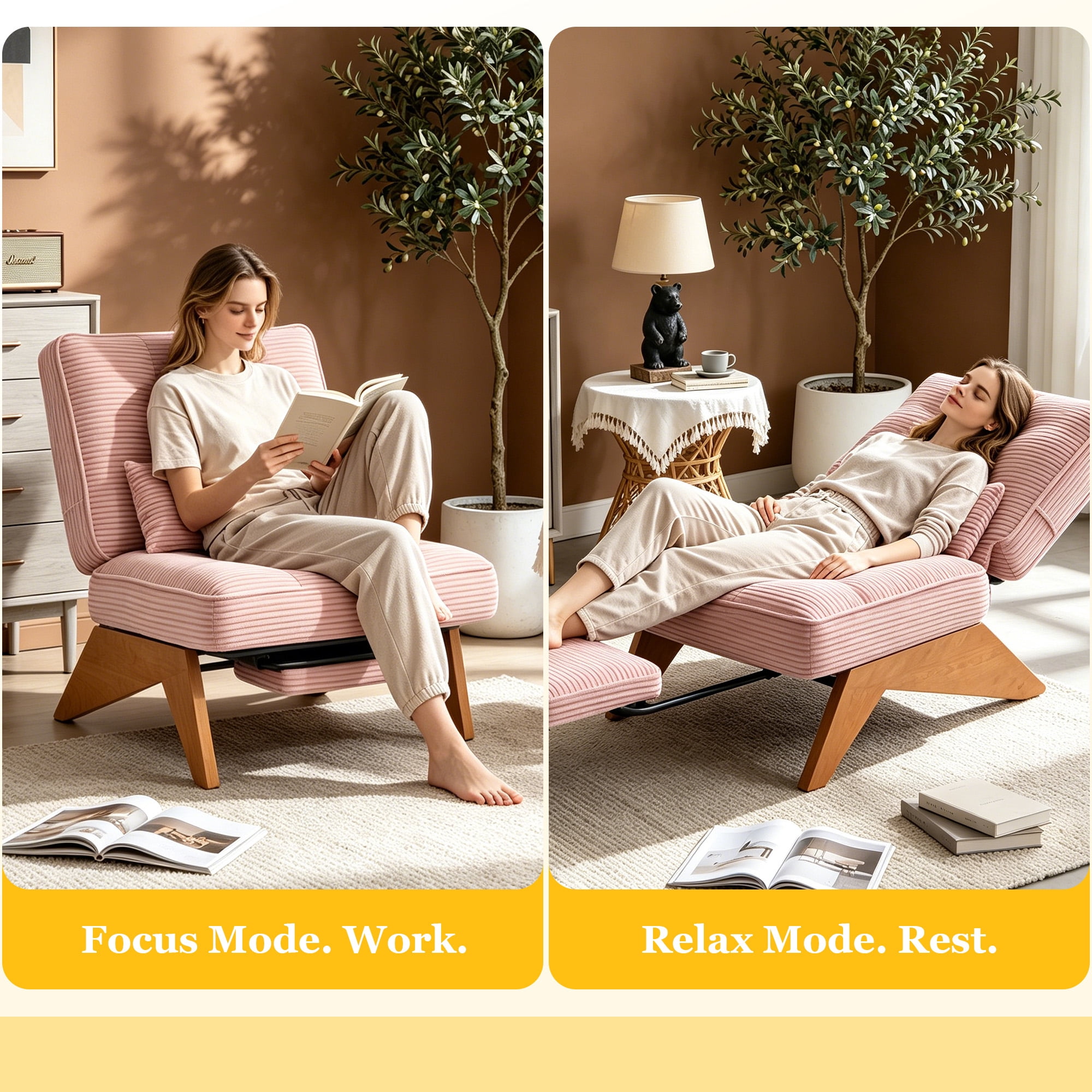 MOONMISS Modern Adjustable Lounge Chair with Footrest,Wooden Base Upholstered Recliner for Reading Rest Corduroy