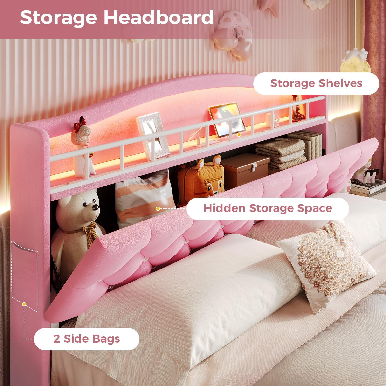 Afuhokles Full Size Bed with LED Lights and Charging Station, Upholstered Bed Frame with Hidden Storage Headborad, Sturdy Platform Bed, Pink