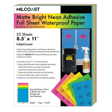 Tear Resistant Paper Milcoast Bright Neon Full Sheet 8.5 x 11 inch Matte Waterproof Tear Resistant Adhesive Sticker Paper for Inkjet/Laser Printers - 5 Color Pack (25 Sheets) ()