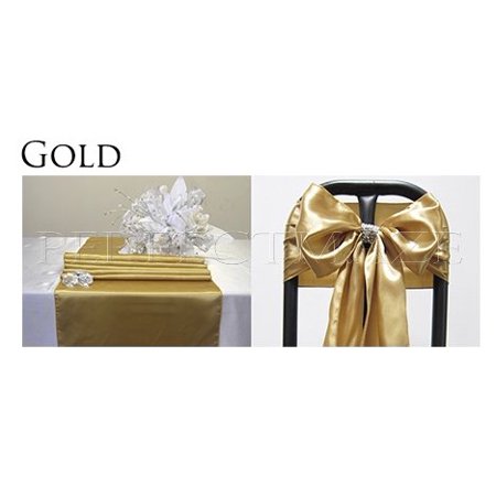 Perfectmaze Satin Party Combo Kit 1 Table Runner 1 Chair Sash Bow For Wedding Party Event Decoration 20 Colors Gold