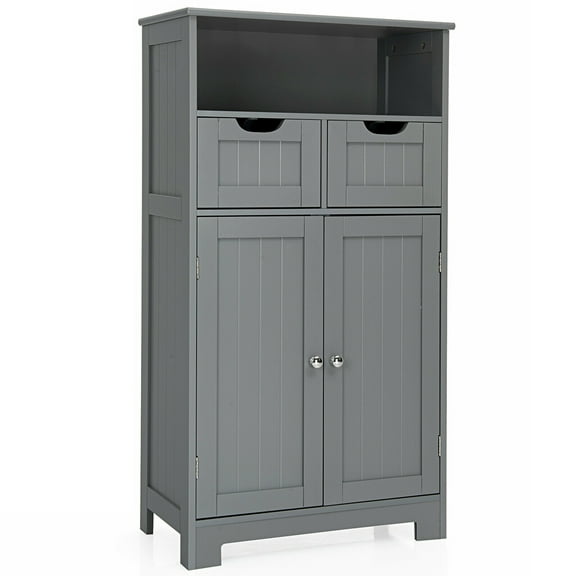 Gymax Bathroom Floor Cabinet Wooden Storage Organizer w/Drawer Doors Grey