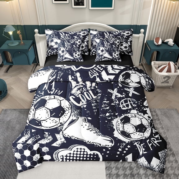 Homewish Cartoon Soccer Graffiti Twin Bedding Sets 7-Piece, Black White Honeycomb Abstract Bedding Comforter Set, Sports Lover Reversible Sheet Sets, Super Cozy Room Decor