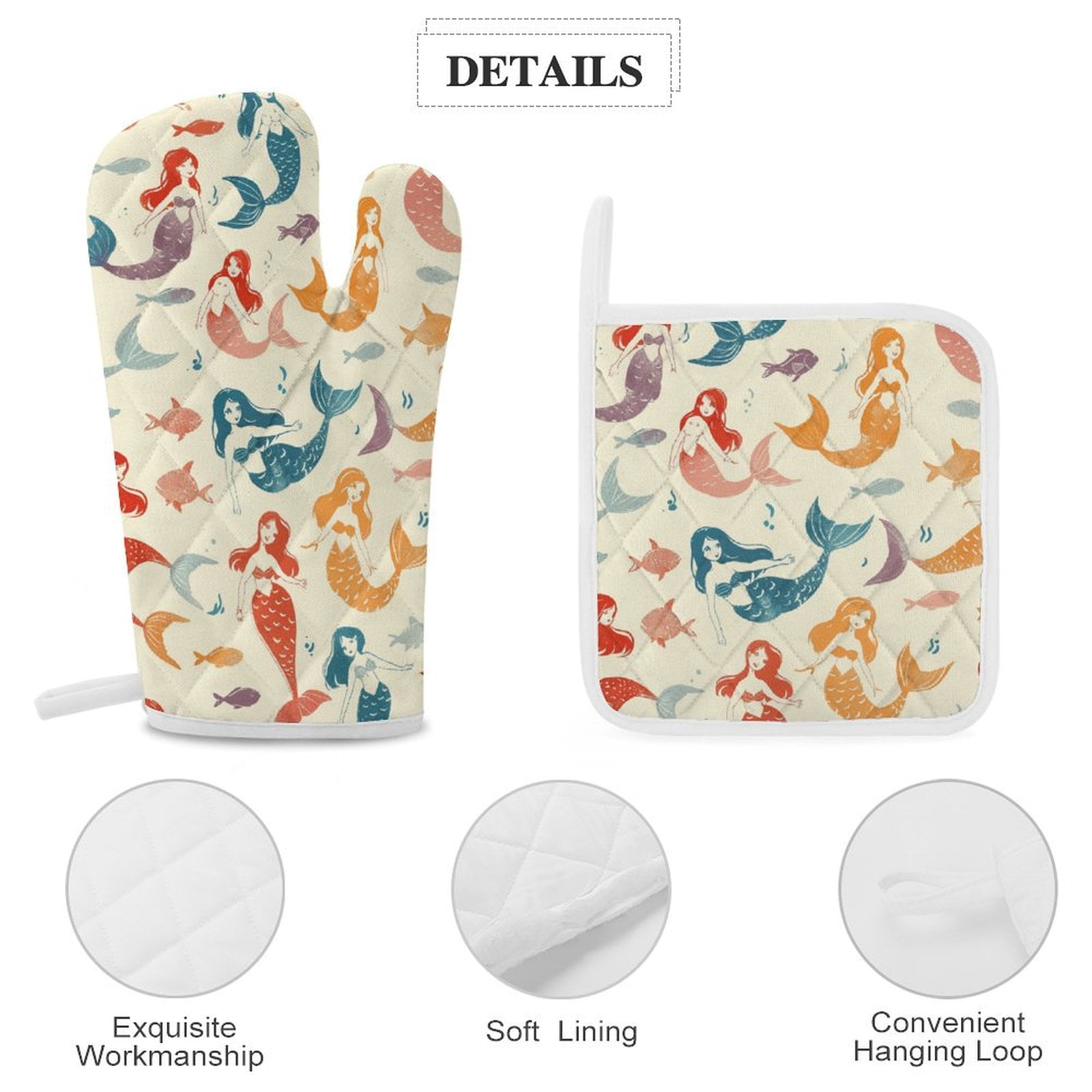 Ocean Cute Mermaid Oven Mitts And Pot Holders Sets of 4 Oven Gloves Set Potholders for Kitchen Cooking Baking Grilling Anti Scald Hot Pads And Heat Resistant