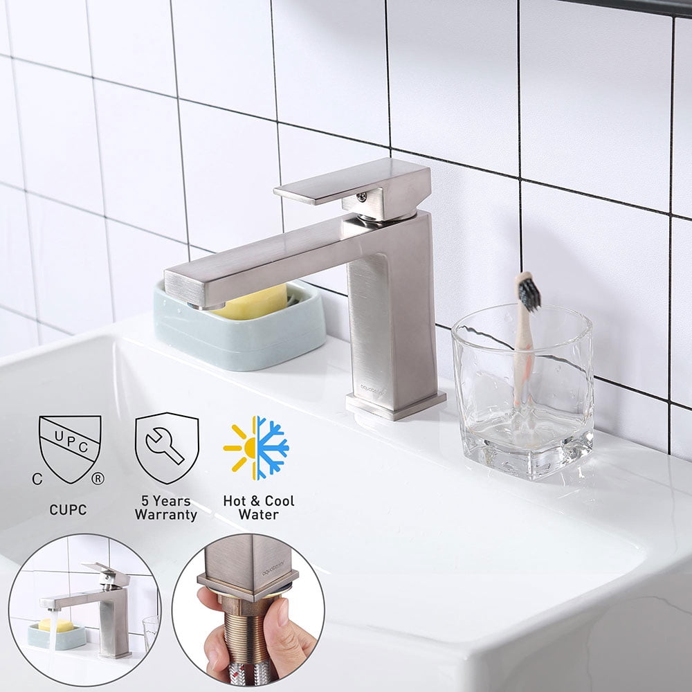 Aquaterior 1 Hole Bathroom Sink Faucet Square 1 Handle Cold & Hot Water Nickel 3.2 lbs