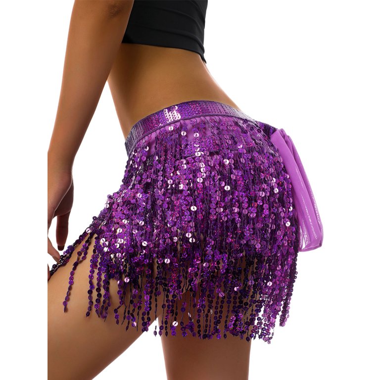 wybzd Women Sequin Tassel Skirt Reflective Rave Fringe Belly Dance