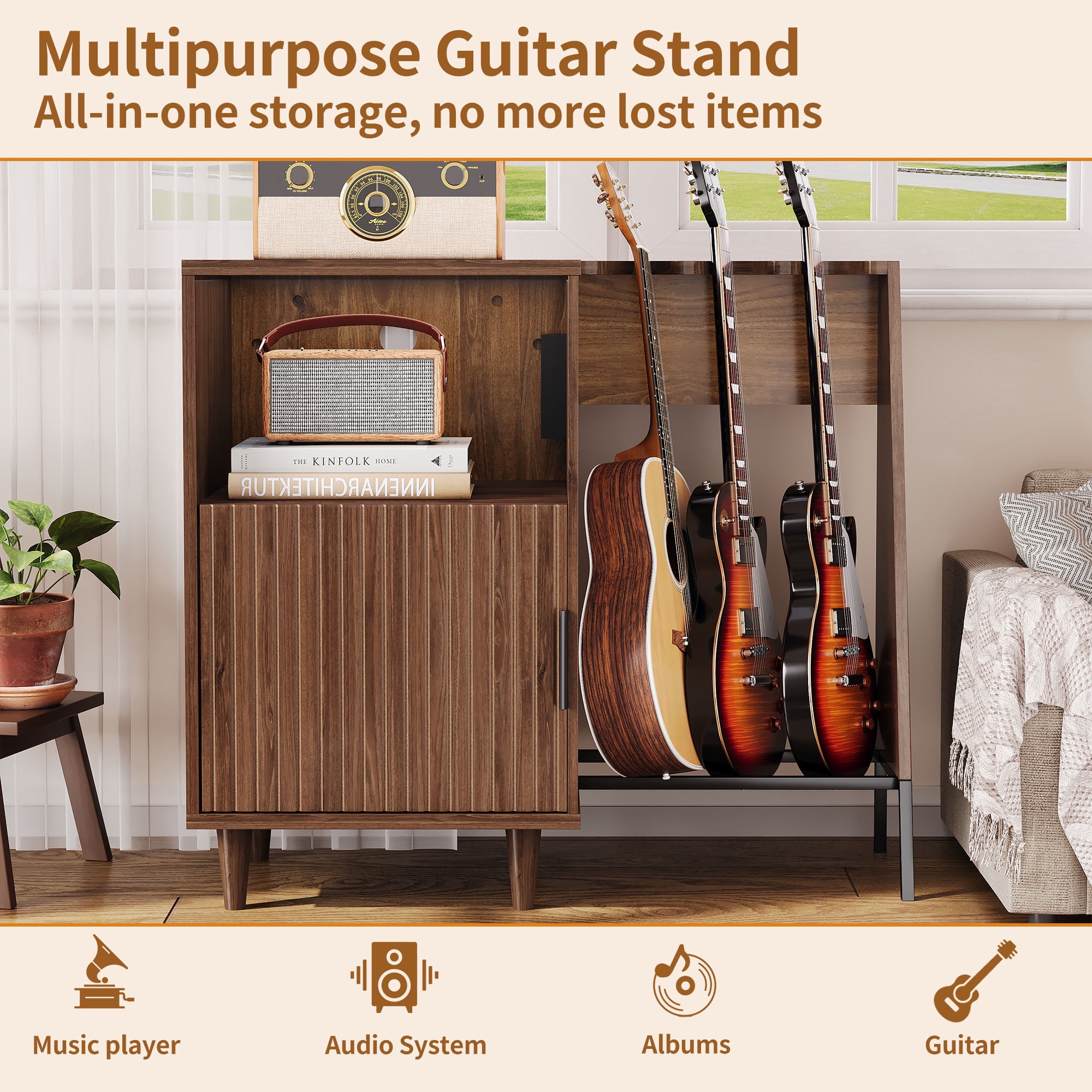 WARAYZ Guitar Stand & Record Player Shelf, Vinyl Record Organizer Cabinet, Acoustic/Electric Guitar Rack with Built-in Power Outlet & Speaker Storage