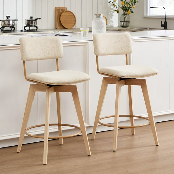 Zesthouse Swivel Counter Height Bar Stools Set of 2, 26" Upholstered Linen Barstools with Back and Solid Wood Legs, Mid Century Modern Bar Chairs, Island Stool for Kitchen Counter, Beige