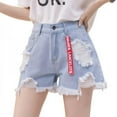 thumbnail image 2 of Women Solid Color High Waist Jeans Shorts Slim Casual Slim Waist Summer Loose Hole Denim Shorts, 2 of 6