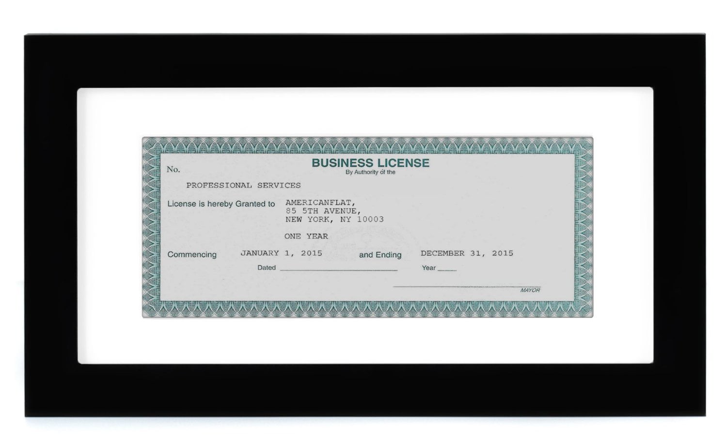 Photo 1 of Business License Frame - Sized 3.5x8 With Mat or 5x10 Without Mat
