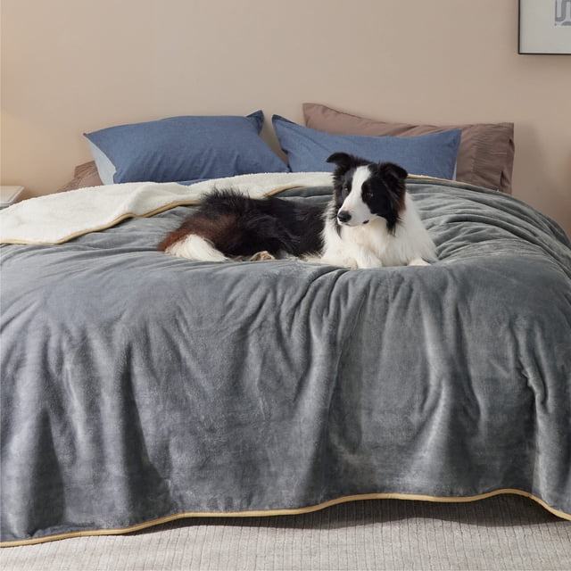 Manta impermeable para cama, forro polar sherpa, color gris, 90 x 220 cm