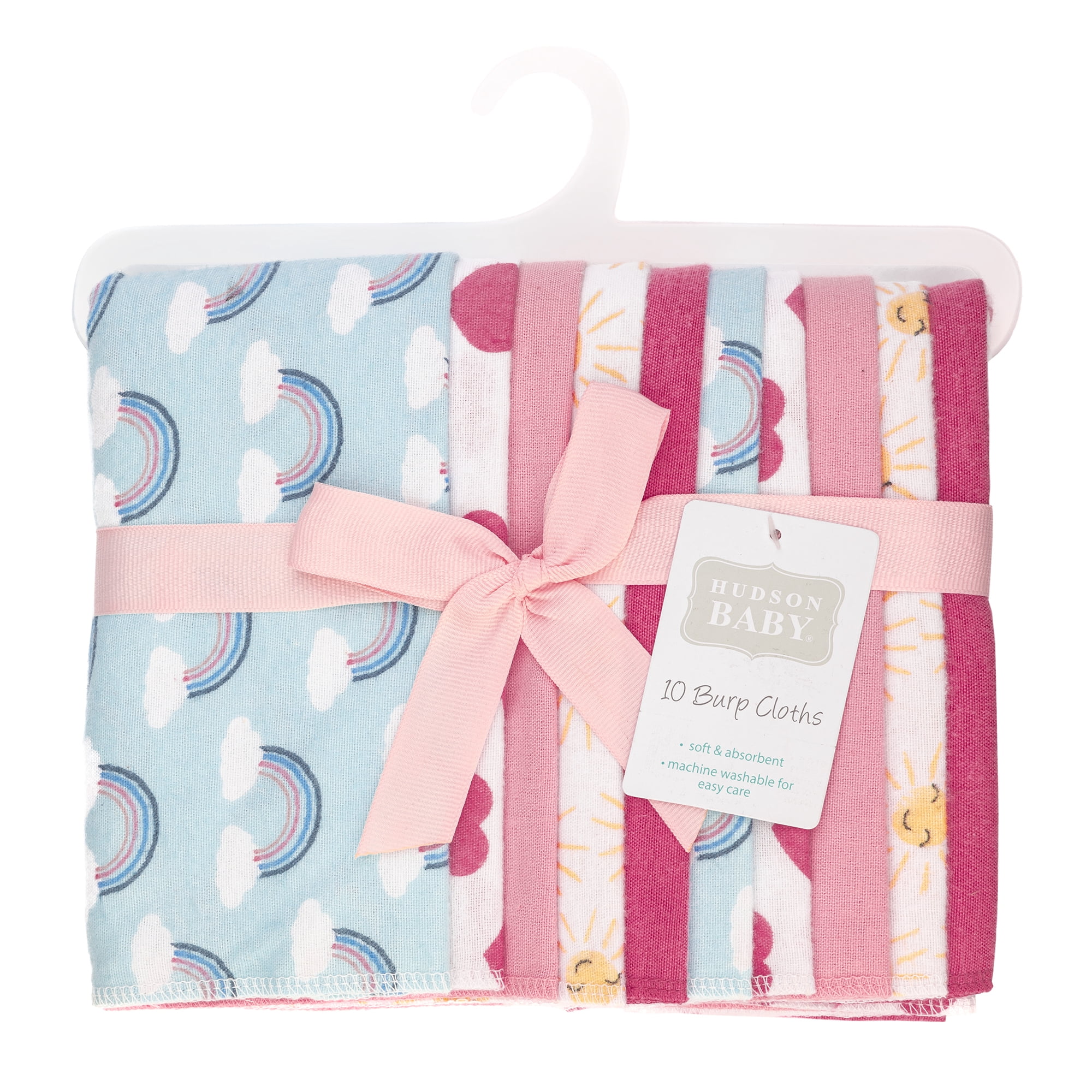 Hudson Baby Girl Cotton Polyester Flannel Burp Cloths 10-Pack, Cloudy Rainbow, One Size