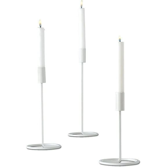 Modernist Taper Candle Holders, Set of 3, Rustic White Finished, Iron, 12.5 Inches