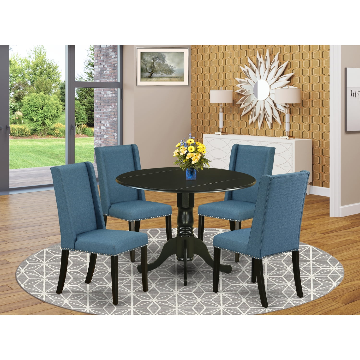 Blue for Dining Room Kitchen Lounge Living Room Office 4 Chairs Set Dining Room Chairs 4 Furniture with Soft Fabric Backrest Seat and Iron Legs 