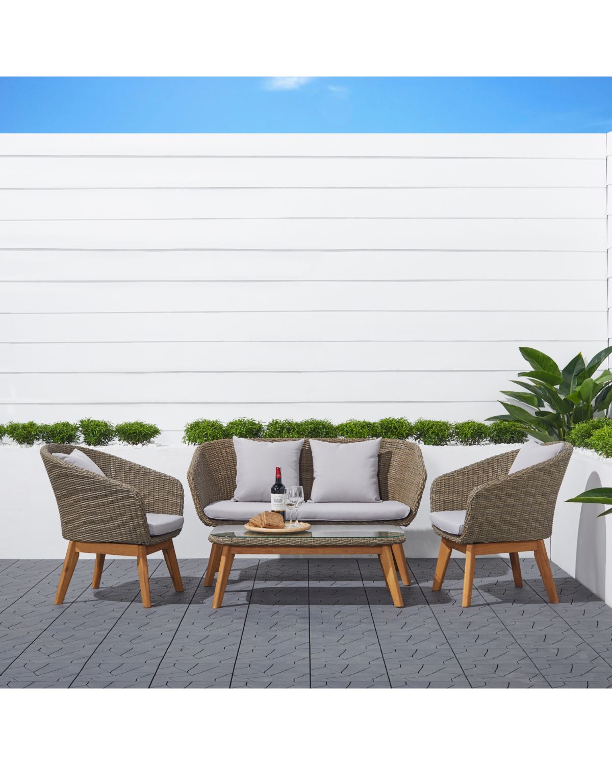 clearance bistro patio sets on 4 Piece Gray And White Rustic Wood And Wicker Outdoor Patio Furniture Conversation Set 53 Walmart Com Walmart Com