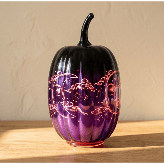 Fall Halloween Pumpkin-Purple Glass Pumpkin Ornament with Enchanted Moon & Star Pattern and Built - in Fairy Lights for Decor