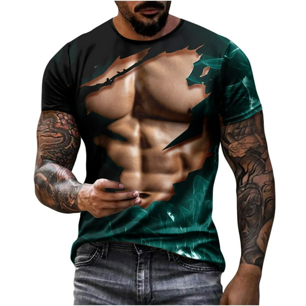 Camisetas de Manga Larga de los Hombres Casual Muscle Print Graphic Tee, Camiseta de Cuello de Tripulación de Manga Corta para las Vacaciones Diarias