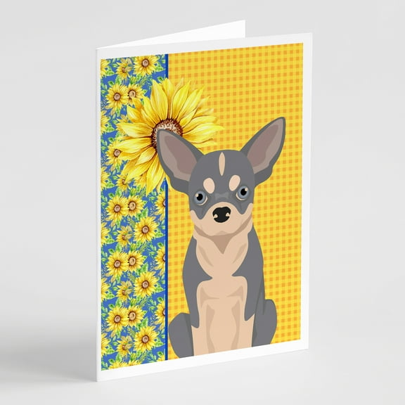 Summer Sunflowers Blue and White Chihuahua Greeting Cards and Envelopes Pack of 8 7 in x 5 in