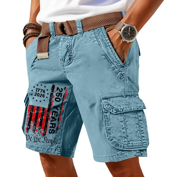 GrmtClth Mens American Flag Print Cargo Shorts 2026 Patriotic 1776-2026 Summer Shorts Breathable Multi-Pocket Short Pant Soft Work Trouser Sky Blue M