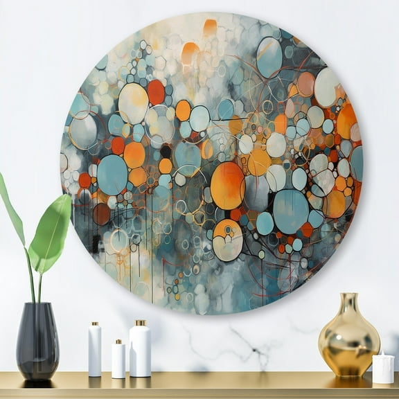 Designart "Illusory Geometric Play in Orange and Blue" Modern Geometric Metal Round Wall Decor
