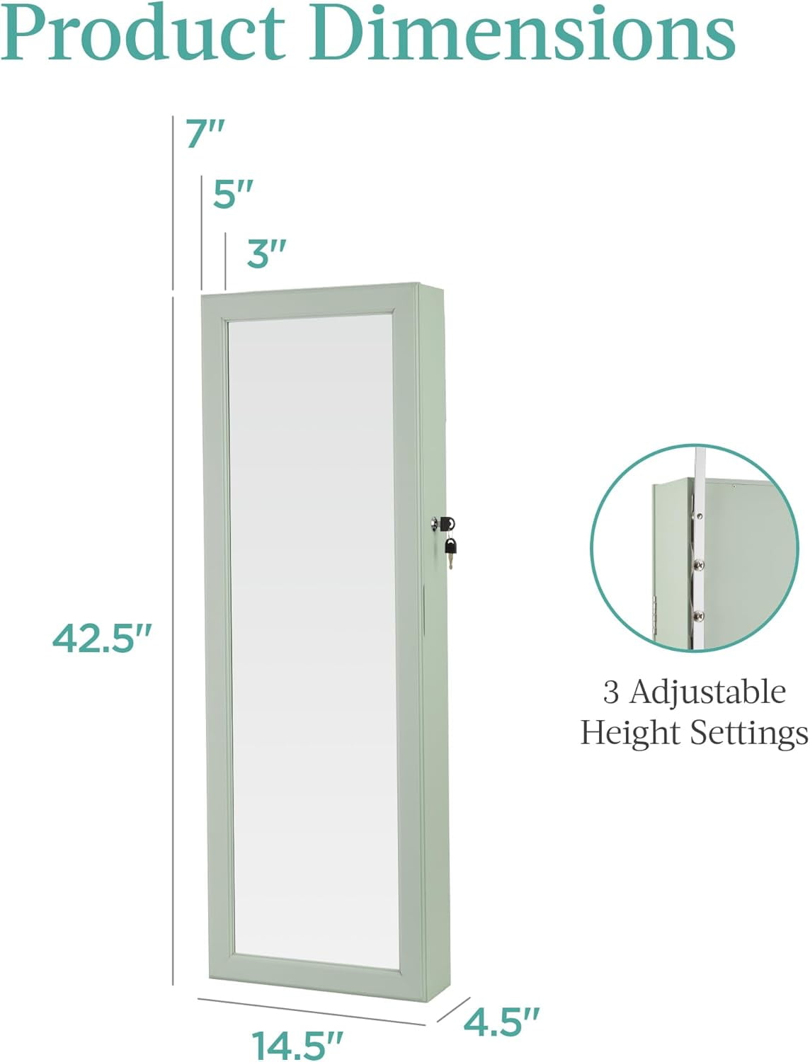 HJTER LED Mirror Jewelry Cabinet, Tall Lockable Wall or Door Mounted Jewelry Armoire Organizer with Mirror, 2 Drawers, Lock, Cosmetic Tray, Shelves - Sage