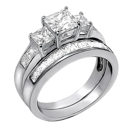 2.01Carat TCW Three Stone Princess Cut CZ 925 Sterling Silver Wedding Rings Bridal