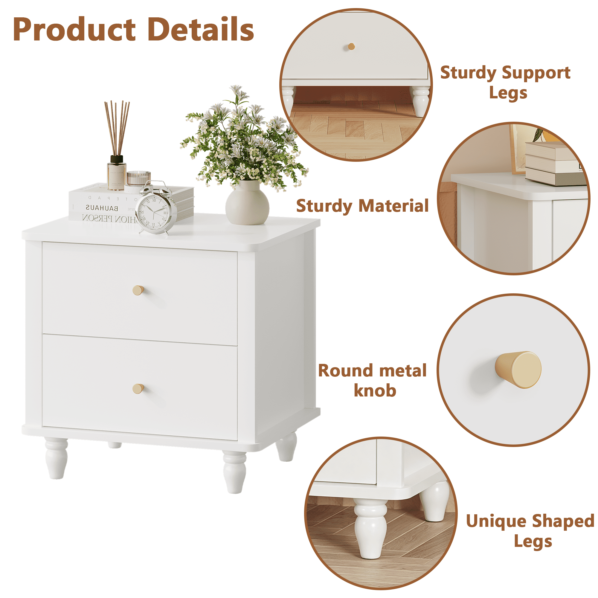Leumius 2-Drawer Nightstand,Modern Bedside Table with Round Knobs,Small End Table for Bedroom/Living Room/Kids Room,White
