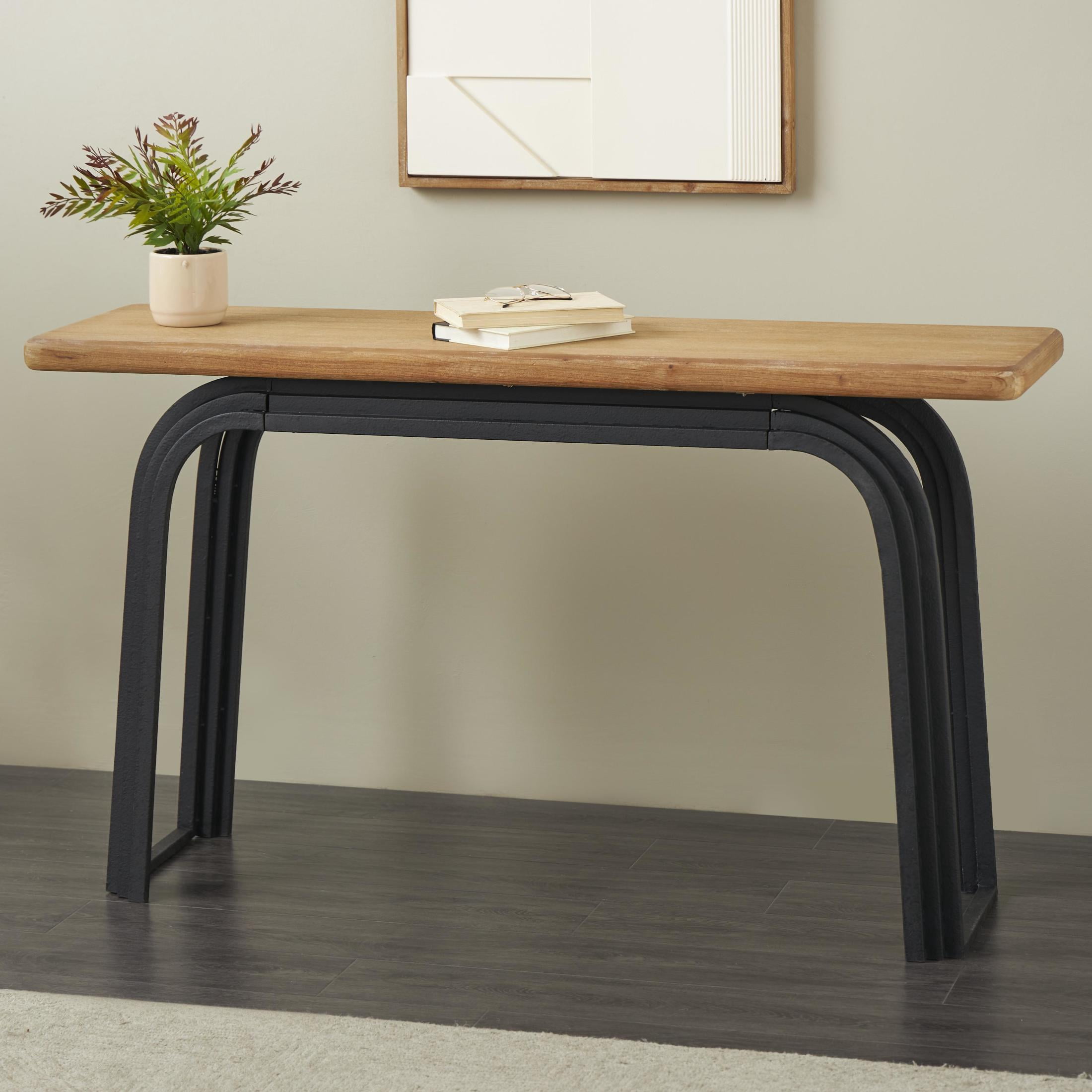 DecMode 55" x 31" Black Metal Layered Arch Console Table with Brown Tabletop, 1-Piece