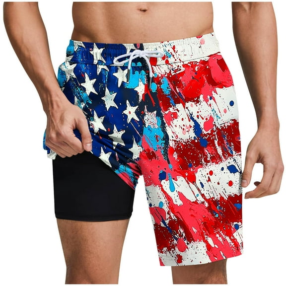Chiccall Mens Independence Day Flag Printed Shorts Plus Size Elastic Waist Drawstring Summer Beach Swim Trunks with Pockets Red