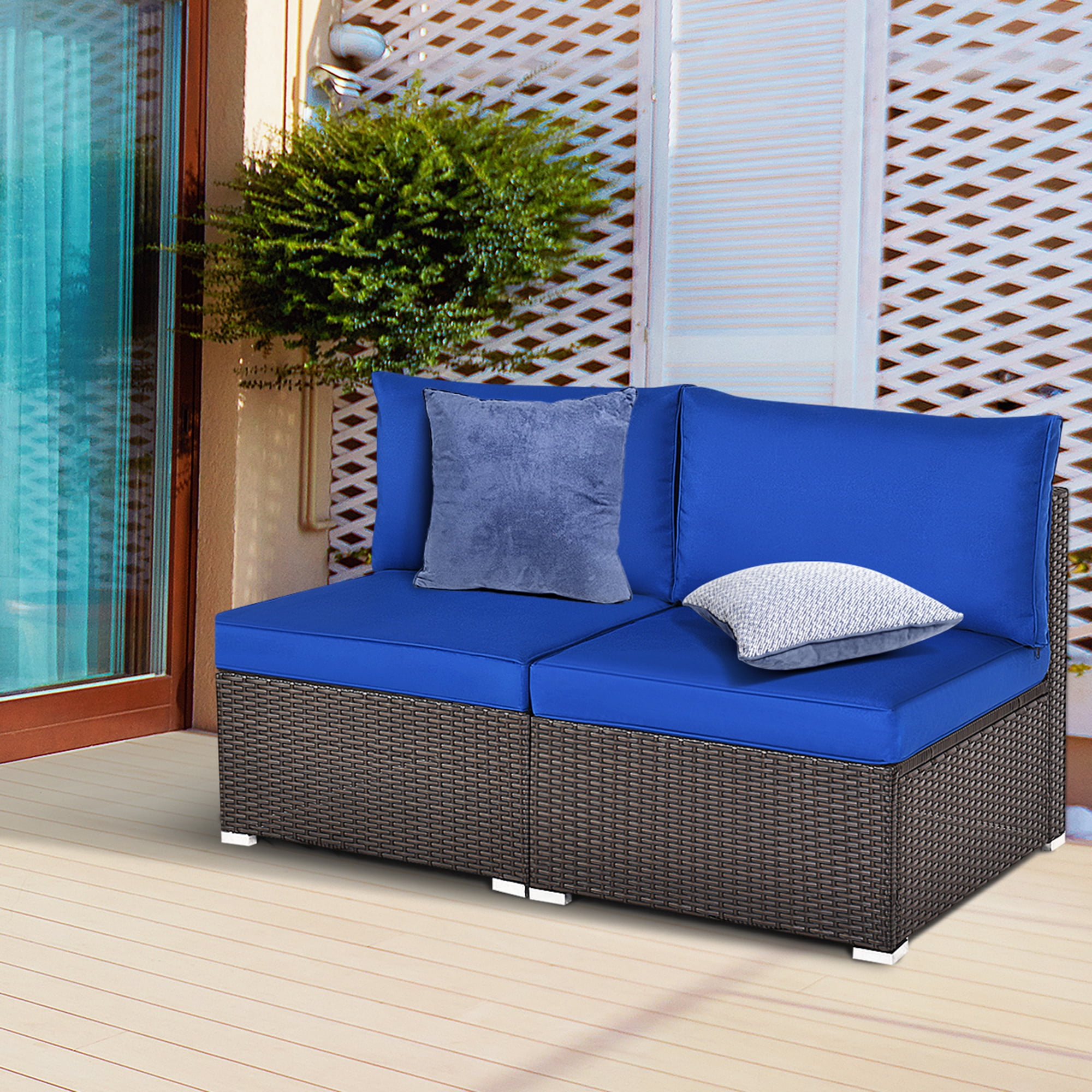 Gymax 2PCS Patio Sectional Armless Sofas Rattan Furniture Set Outdoor w/ Cushions