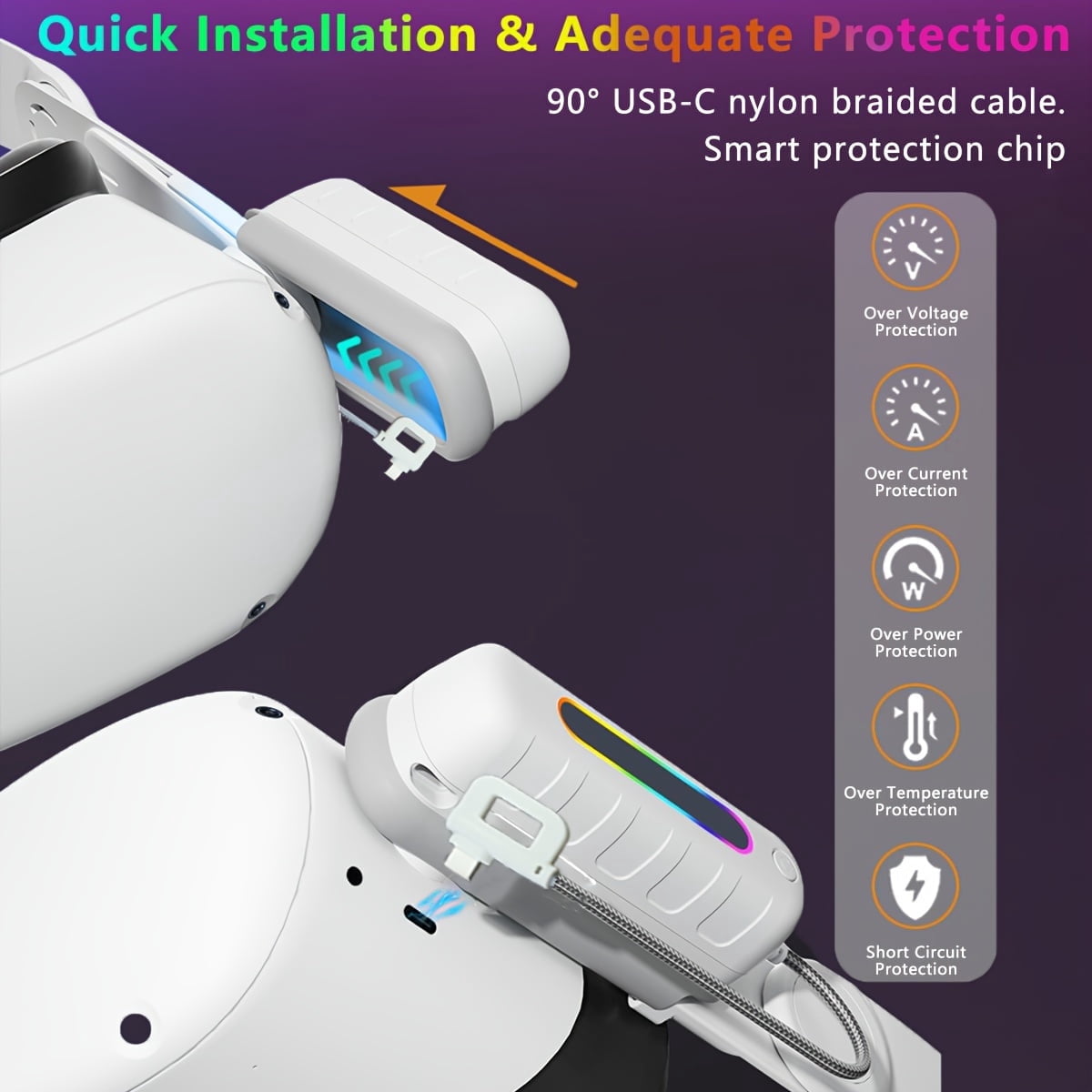 Battery Pack for Oculus Quest 2/3/3S, RGB Light 5000mah Battery Pack For Meta Quest 2/Quest 3/Quest 3S,VR Mini Power Bank,High Speed VR Extend Battery Accessories Extra 2H-4H Playtime