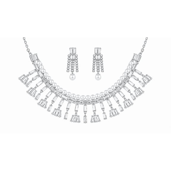 AlKhalil - Elegant Pearl & Clear Gemstone Necklace and Earrings Set – Formal Party, Wedding & Gift Jewelry