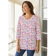 Woman Within Plus Size Perfect Printed Three-Quarter Sleeve V-Neck Tee
