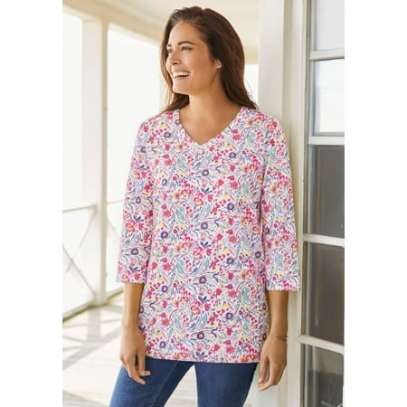 Woman Within Plus Size Perfect Printed Three-Quarter Sleeve V-Neck Tee