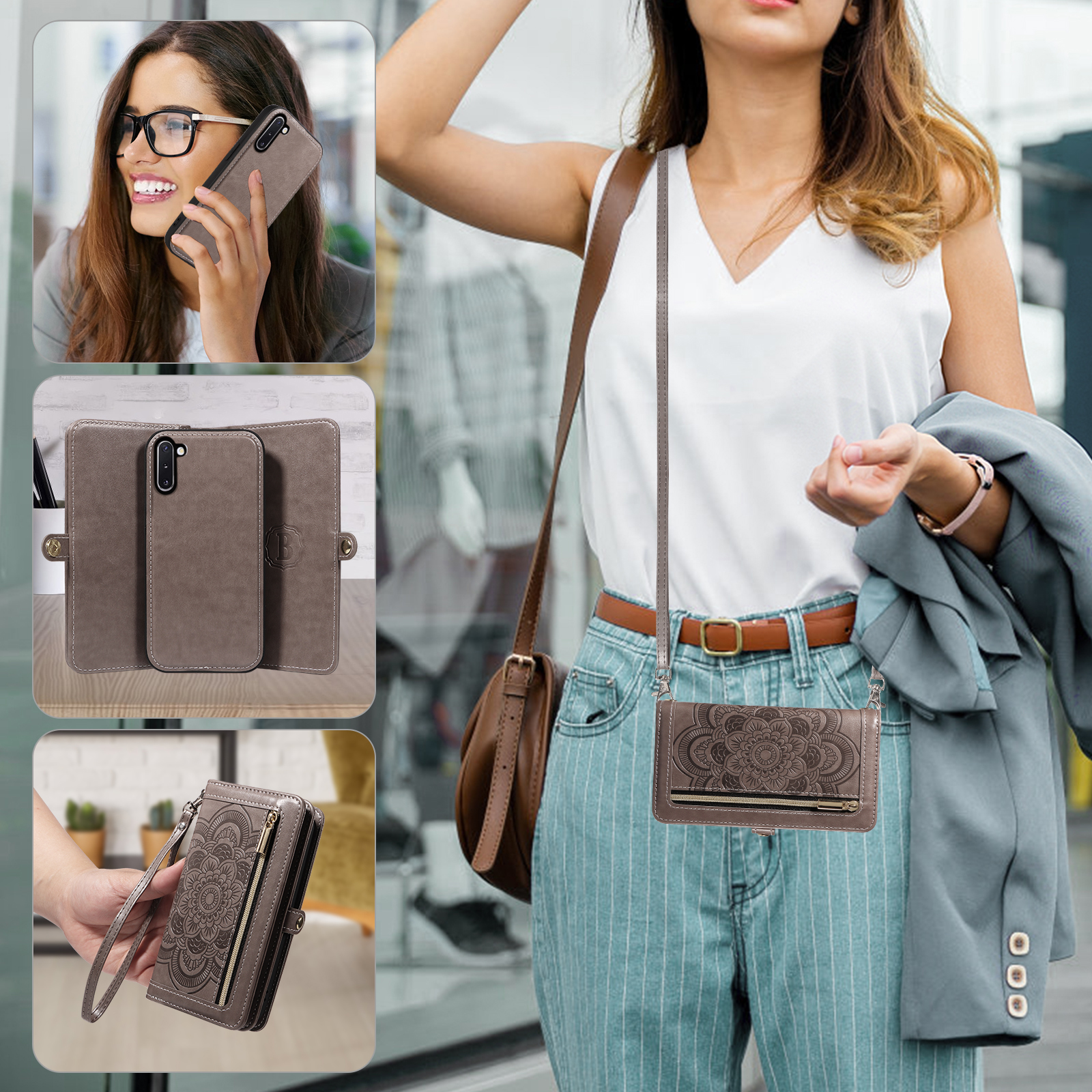 Asuwish Phone Case for Samsung Galaxy Note 10 5G Zipper Wallet Detachable Cell Cover with Tempered Glass Screen Protector Lanyard Strap Flower Flip Card Holder Note10 Notes 10s Ten Not S10 Women Gray