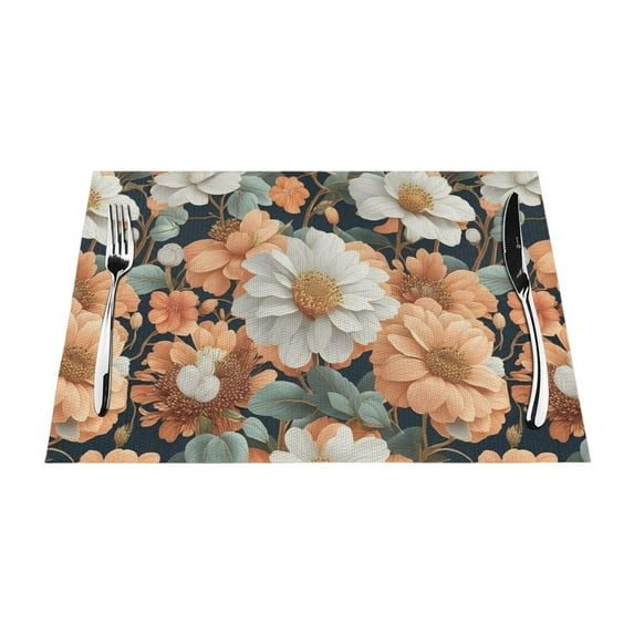 XMXT 6 Pcs Woven Placemats, Blooming Floral Decorative Print Stain Resistant Anti-Skid Placemat for Kitchen Table, 12 x 18 inches